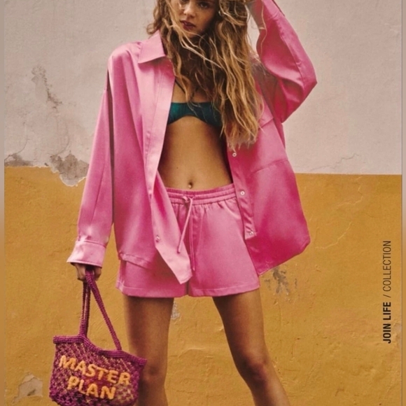 ZARA women's size Large Oversized Long Sleeve Satin Button Up Shirt Pink - Picture 14 of 16